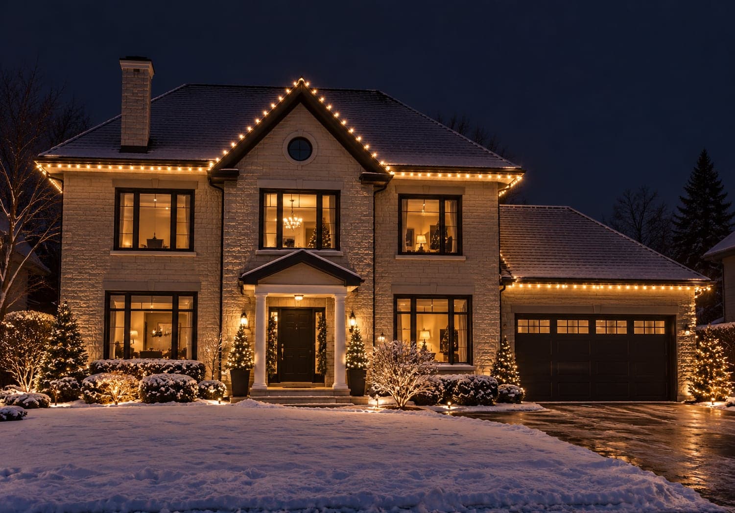 After: Stone home on a snowy evening with warm-white Christmas lights along the rooflines, gable and garage, plus lit trees and shrubs