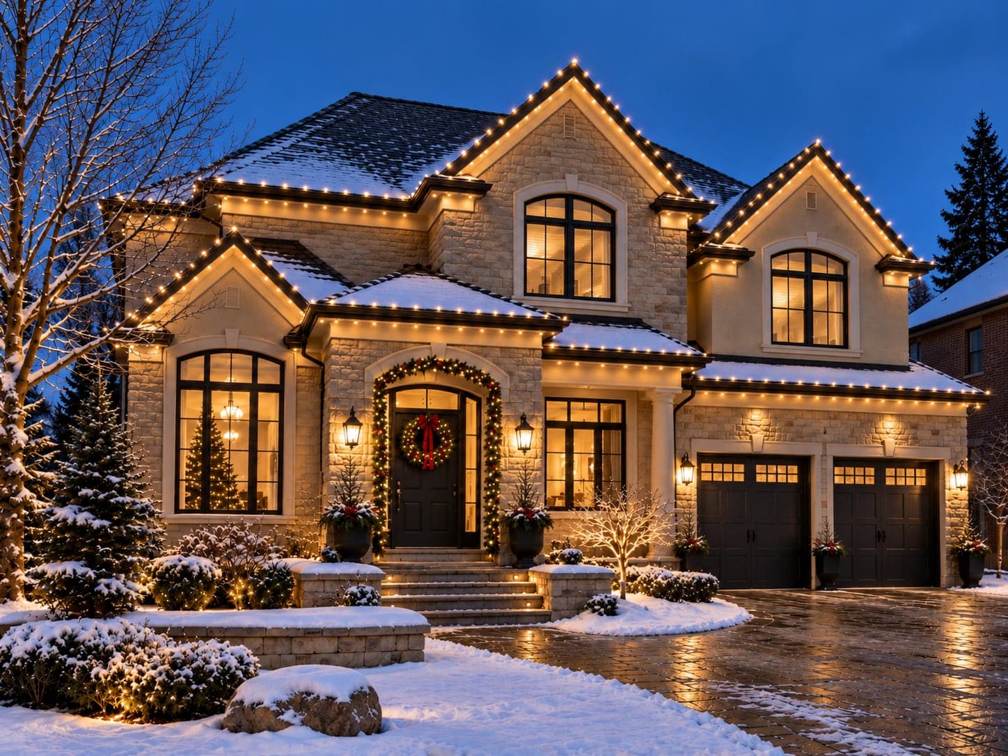 Stone home in the snow at dusk with warm-white Christmas lights along every roofline, a garland around the front door and lit shrubs