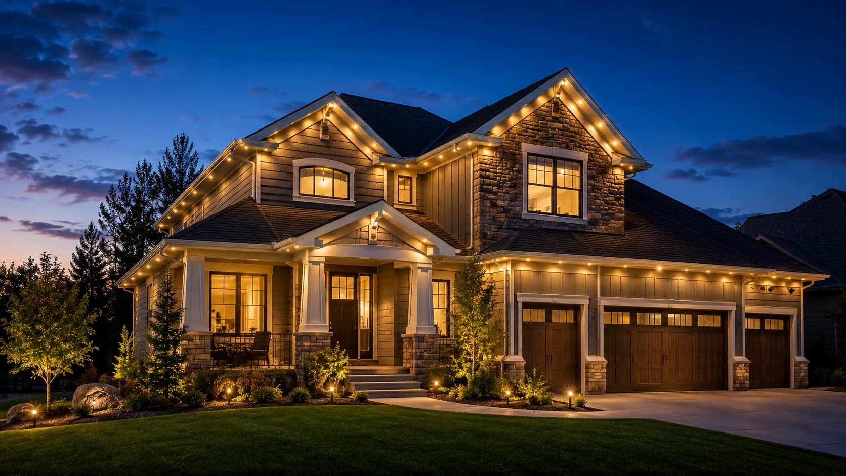 Two-storey home at dusk with warm-white lighting along every roofline and gable