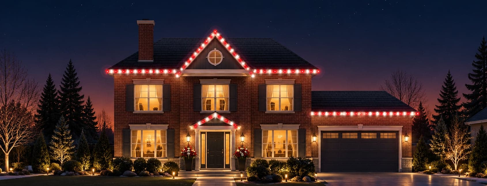 Illustration: brick home with red-and-white roofline lighting for Canada Day