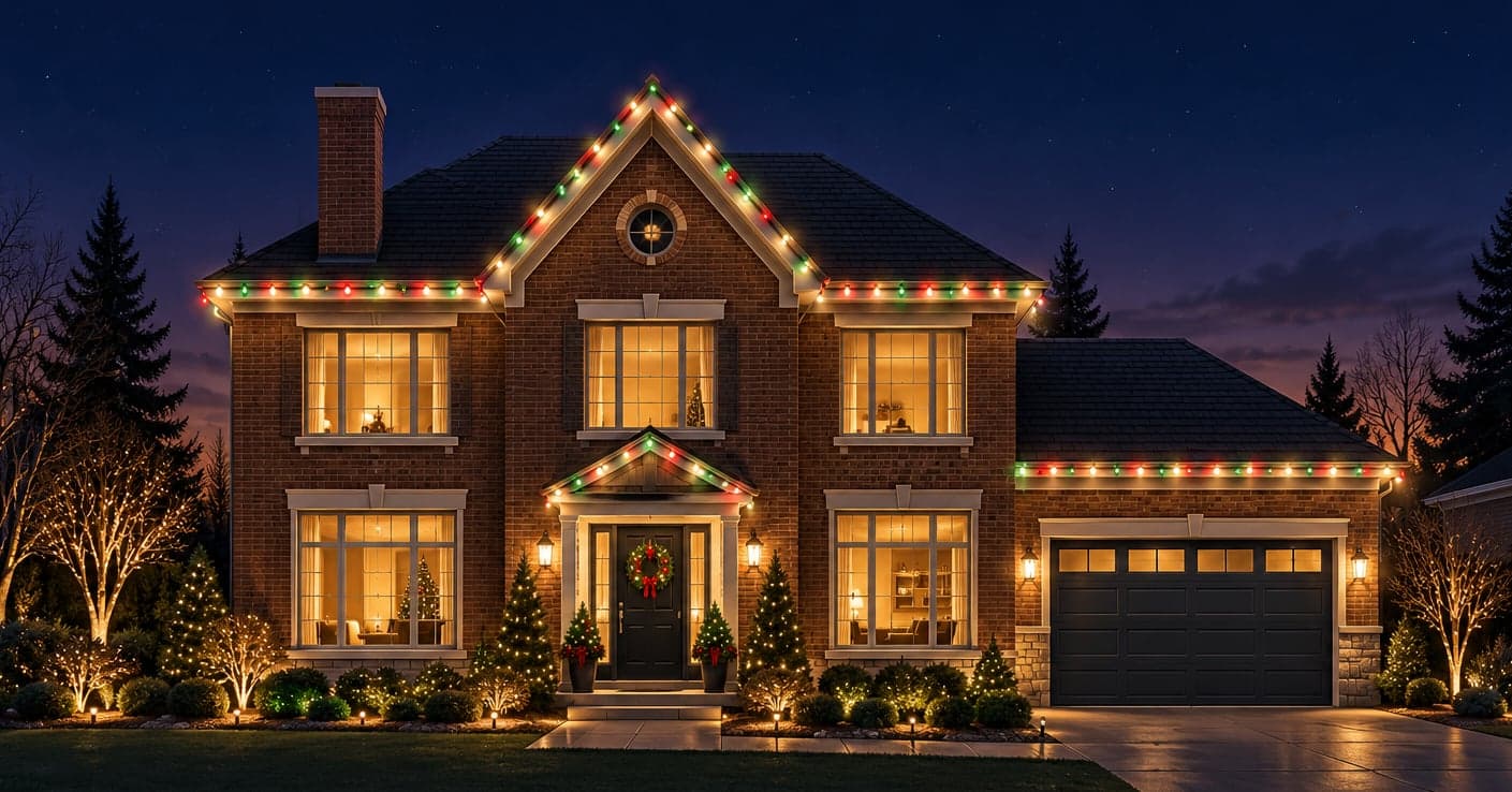 Illustration: brick home with red, green and warm-white Christmas lights along the full roofline