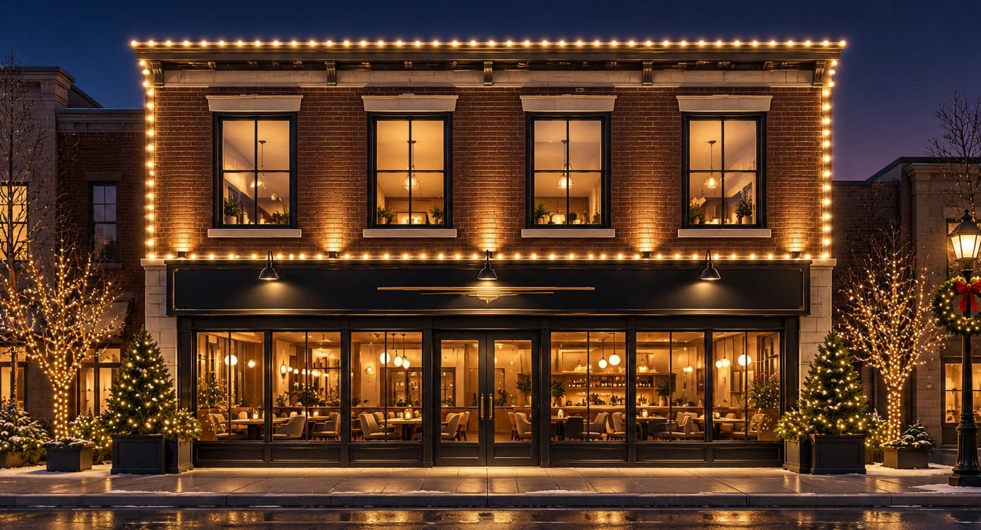 Illustration: brick restaurant façade outlined in warm white with lit trees along the sidewalk