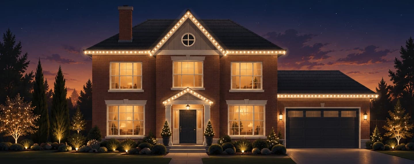 Illustration: two-storey brick home with warm-white lighting along the eaves, gable, portico and garage