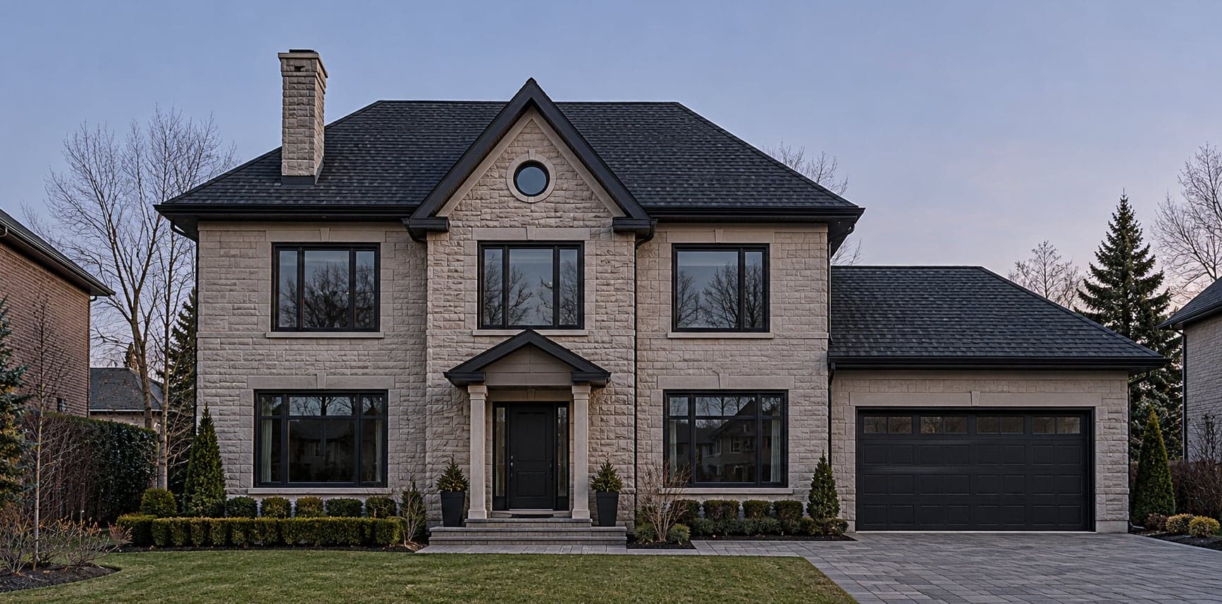 Before: Two-storey stone home at dusk before any exterior lighting is installed